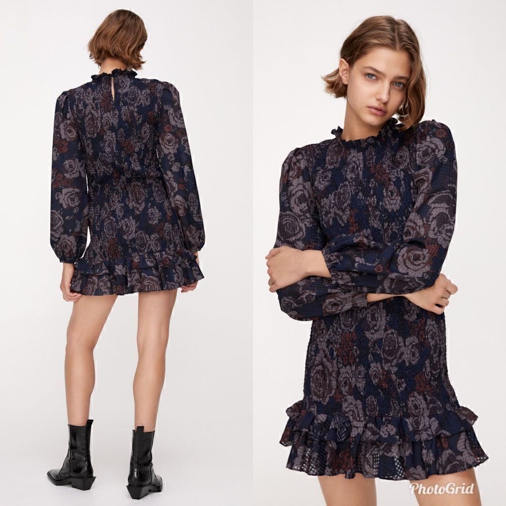 Zara Dark Floral Shirred Mock Neck PRINTED MINI DRESS